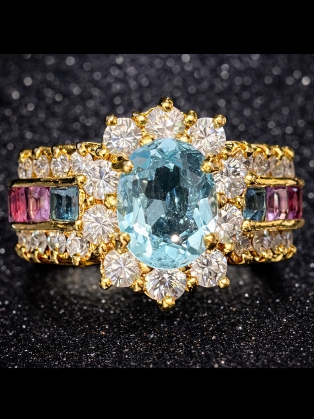 Suzanne Somers vintage blue topaz amethyst garnet gemstone CZ cocktail band ring